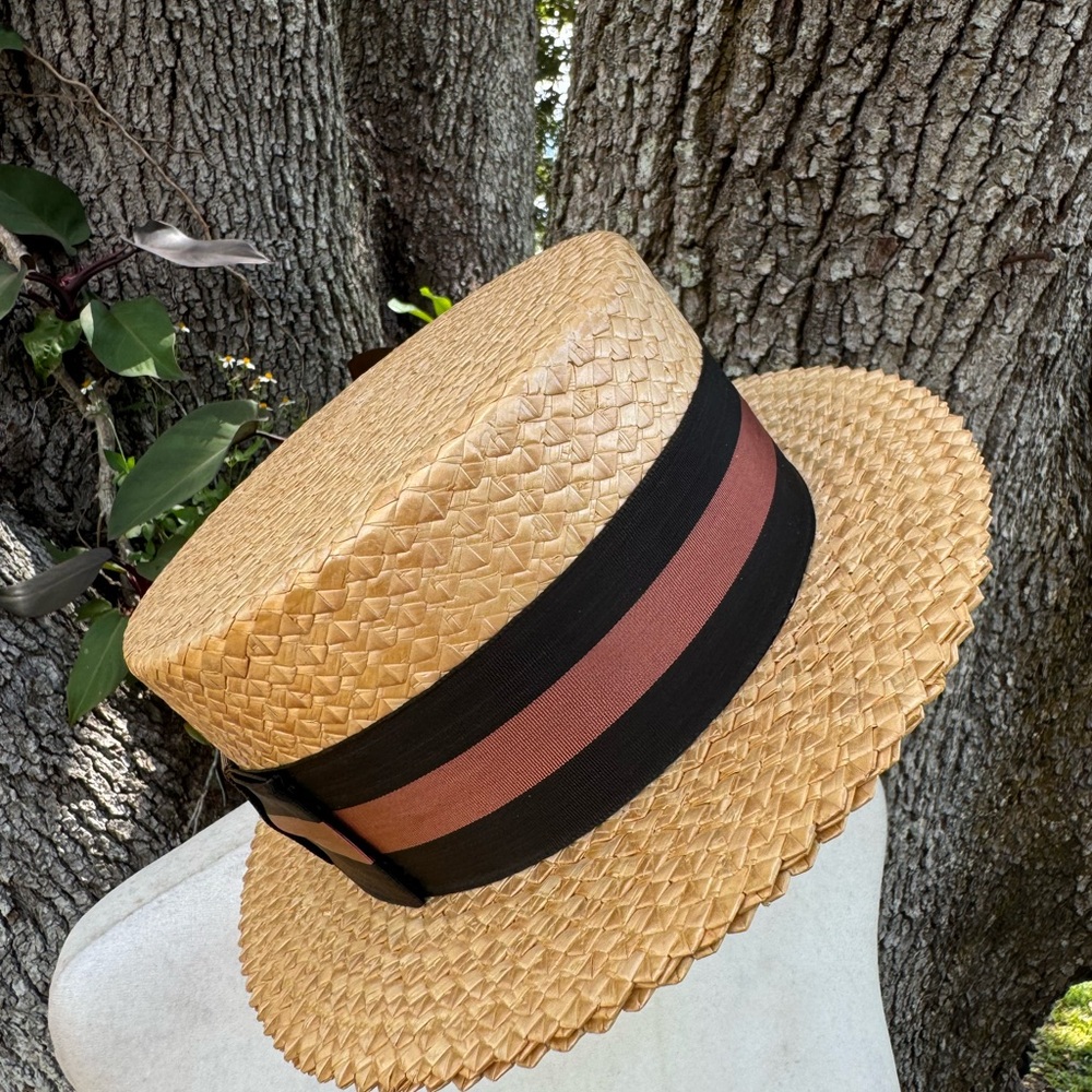 Vtg 50s Hughes Hatcher Suffrin Brown straw boaters hat Crofut & Knapp Size 7 1/4 - Picture 13 of 16